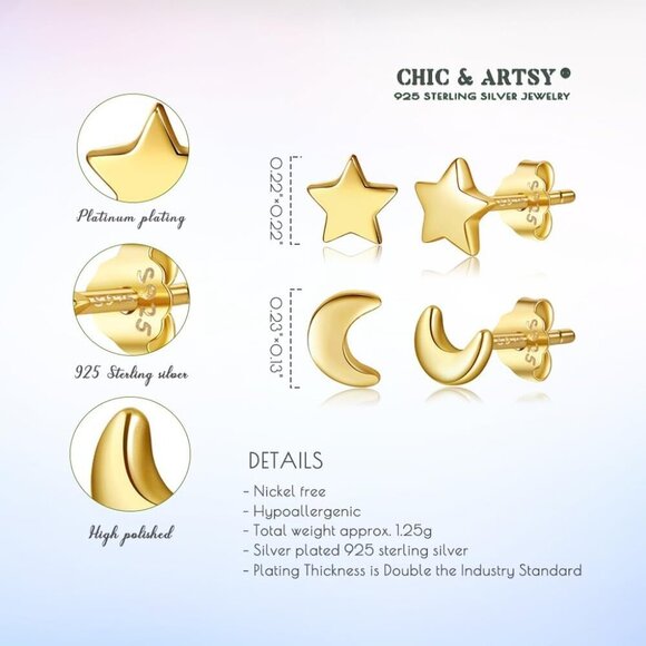 Solid Real 925 Sterling Silver Satr Moon Stud Earrings | Dainty Celestial Stud E - Picture 5 of 6